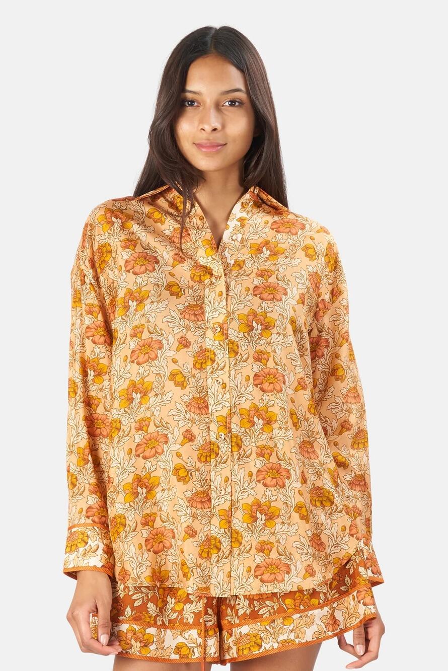 Zimmermann Andie Relaxed Floral Silk Habutai Blouse Button Down Shirt Orange 1